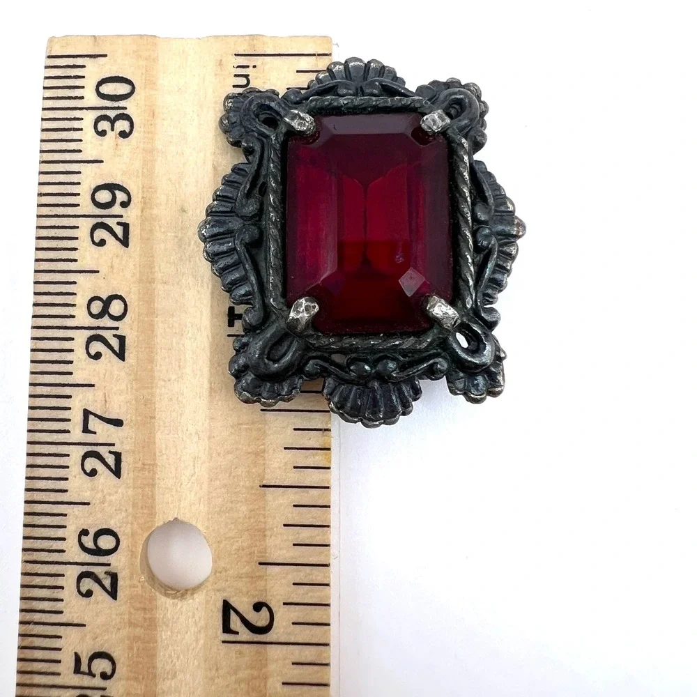 Vintage Ornate Silver Tone Red Glass Emerald Cut Stone Brooch Victorian Style
